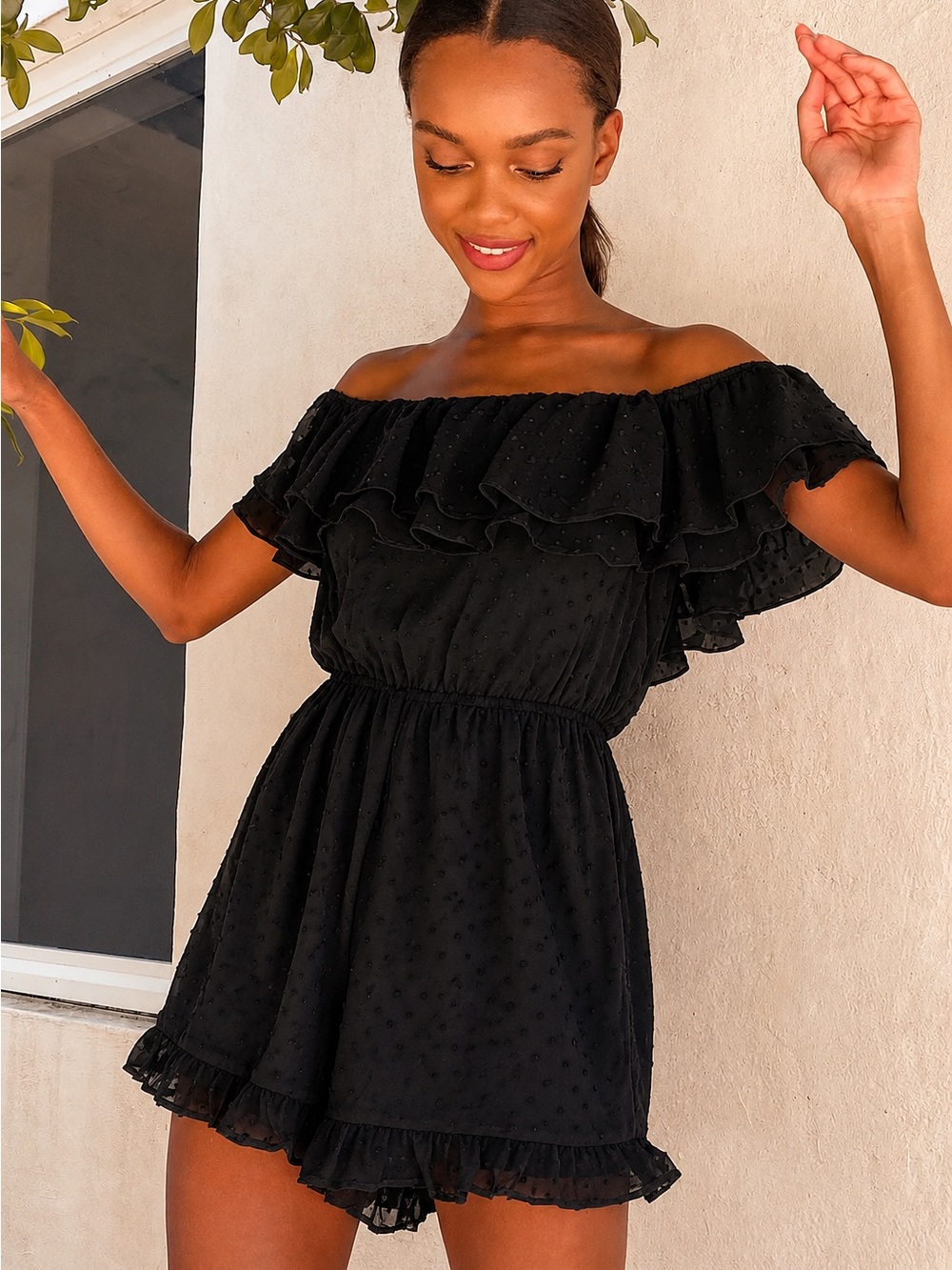 Lulus Frilled to Bits Black Swiss Dot Off the Shoulder Romper Size M NWT